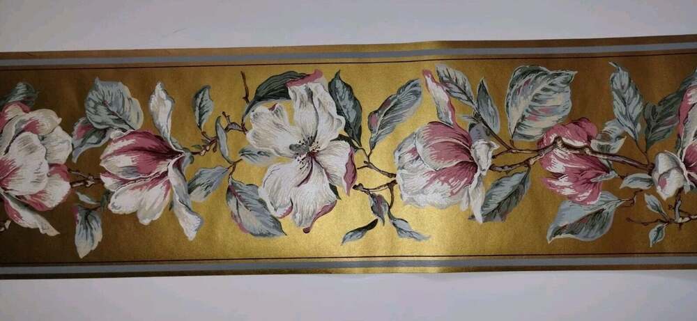 York Wallpaper Border 6.75" Gold - Green - Pink/White Flowers - Branches 5 yds
